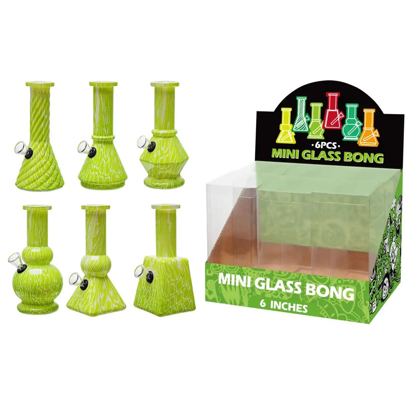 6inch Multi-Shape 6in1 Waterpipe-M65003F Green Water Transfer Printing Glass Water Pipe-M65003F - Image 1
