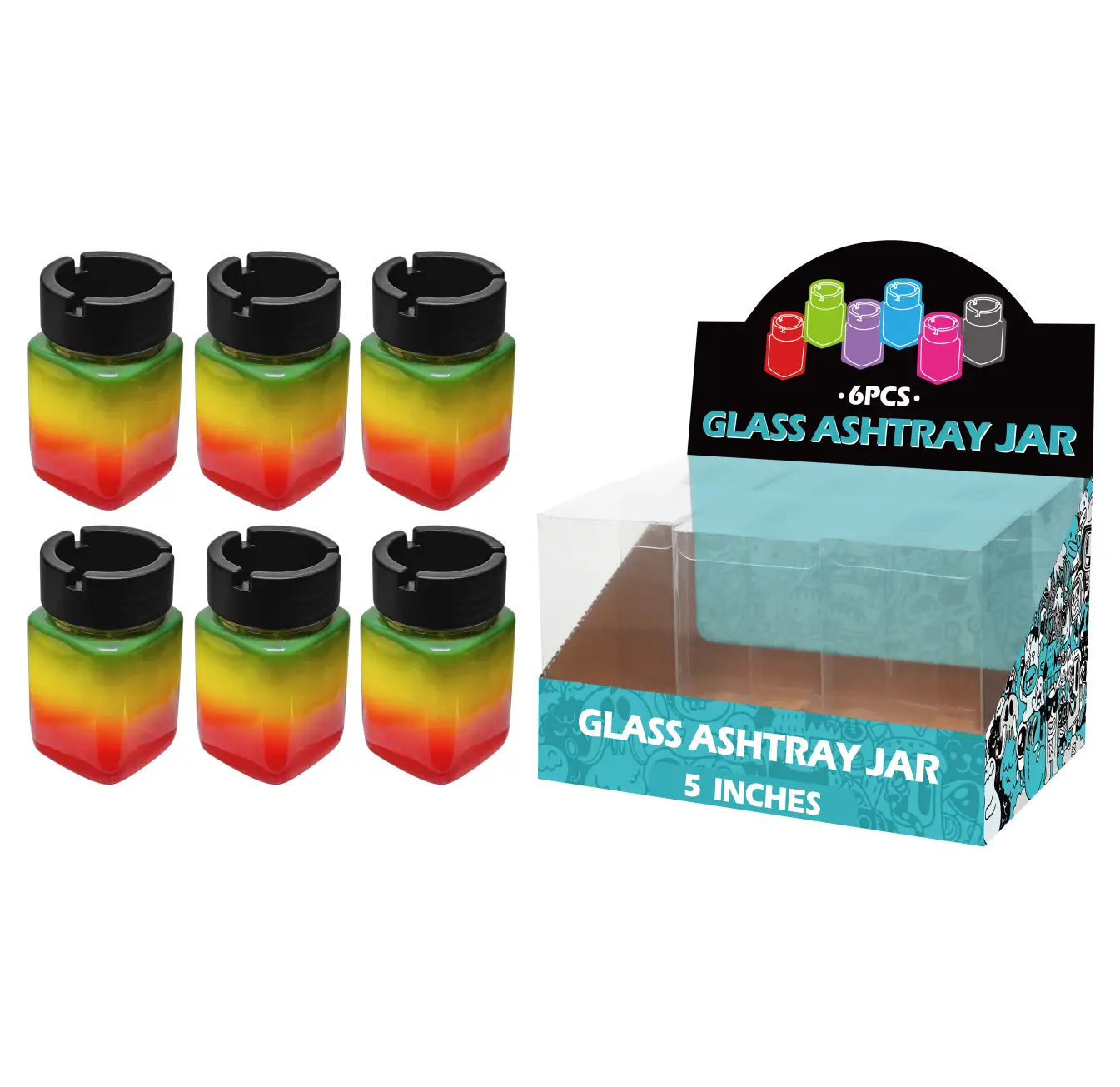 5inch glass jar ashtray-MA1101 Rasta Paint Glass Jar Ashtray 5inch-MA1101 - Image 1