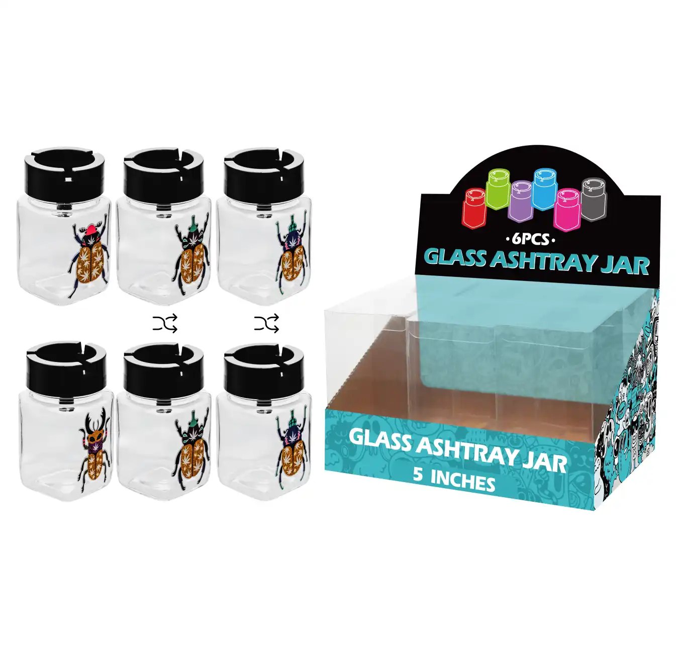 5inch glass jar ashtray-MA3002 Mixed Insect Decal Glass Jar Ashtray 5inch-MA3002 - Image 1