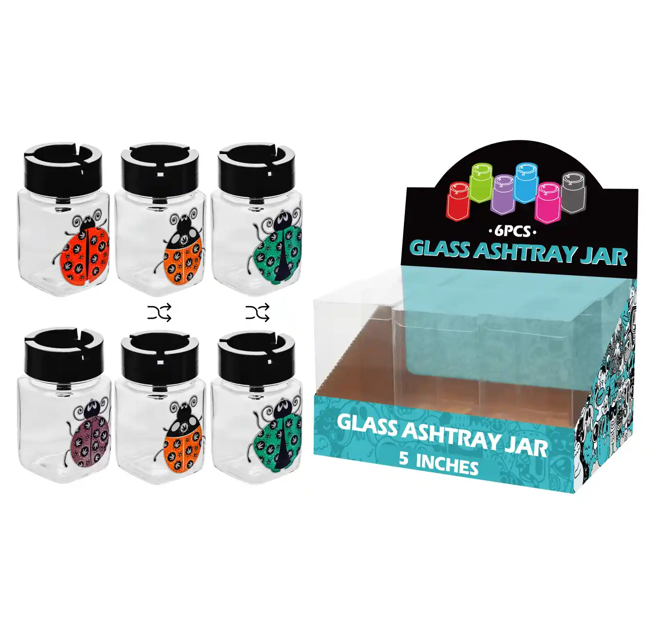 Mixed Ladybug Decal Glass Jar Ashtray 5inch-MA3003 - Image 1