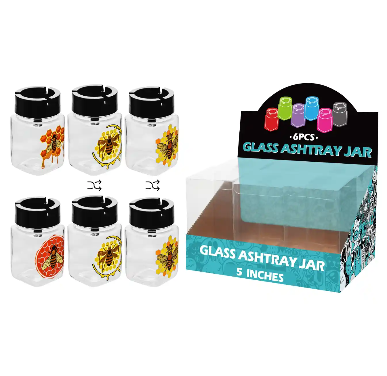 Mixed Bee Decal Glass Jar Ashtray 5inch-MA3005 - Image 1