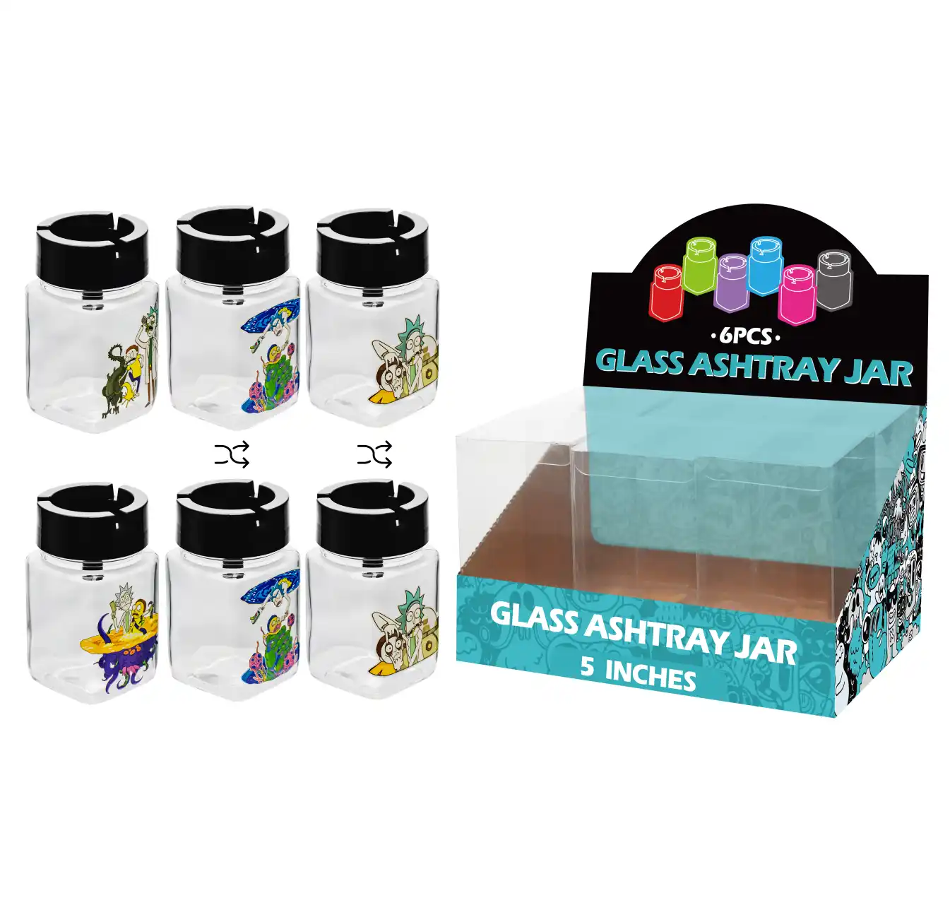 Mixed Rick and Morty Decal Glass Jar Ashtray 5inch-MA3008 - Image 1