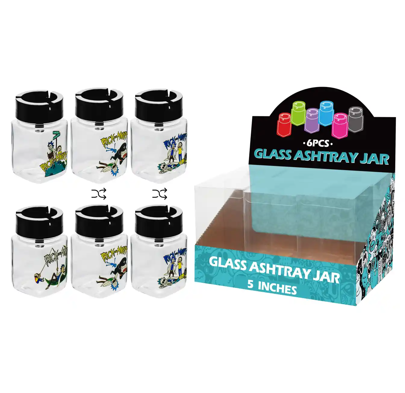 Mixed Rick and Morty Decal Glass Jar Ashtray 5inch-MA3009 - Image 1