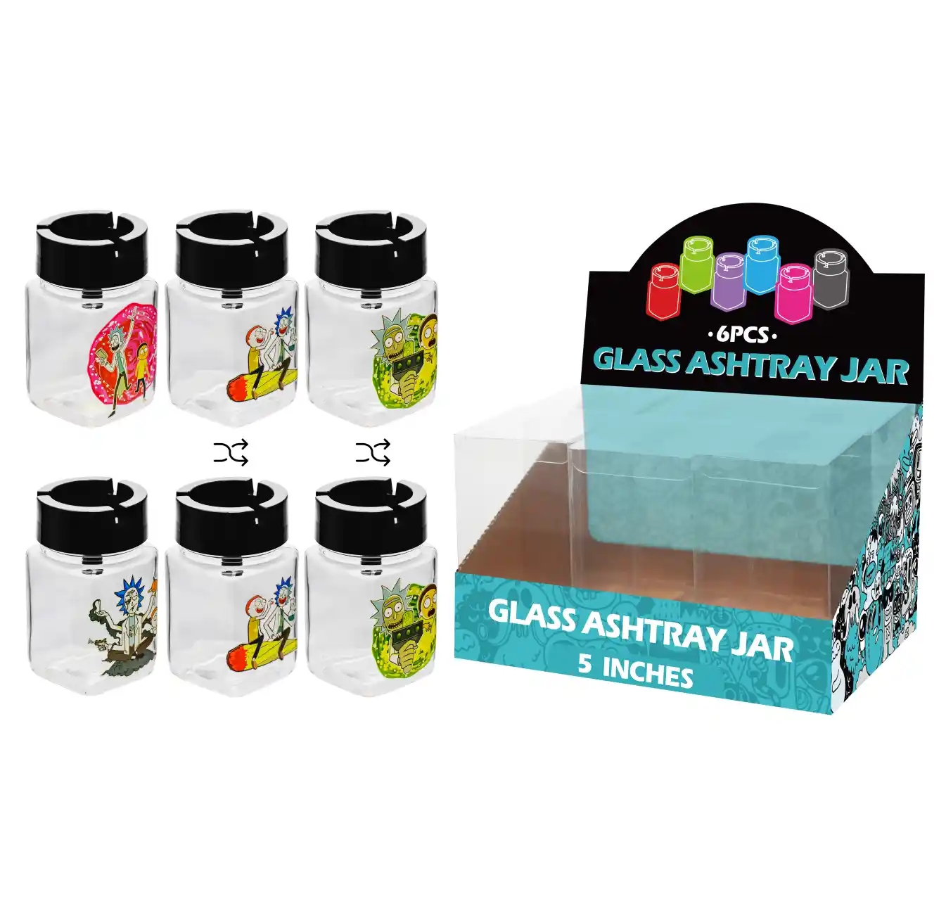 Mixed Rick and Morty Decal Glass Jar Ashtray 5inch-MA3010 - Image 1