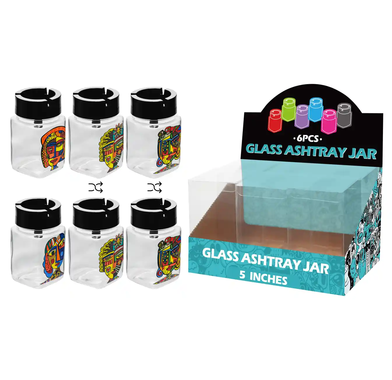 5inch glass jar ashtray-MA3012 Mixed Abstract Decal Glass Jar Ashtray 5inch-MA3012 - Image 1