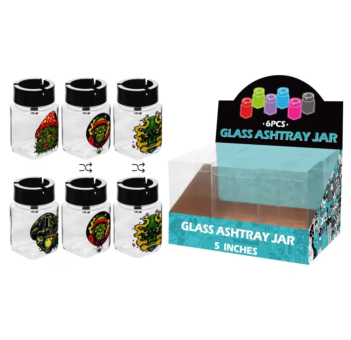 Mixed Skull Decal Glass Jar Ashtray 5inch-MA3018 - Image 1