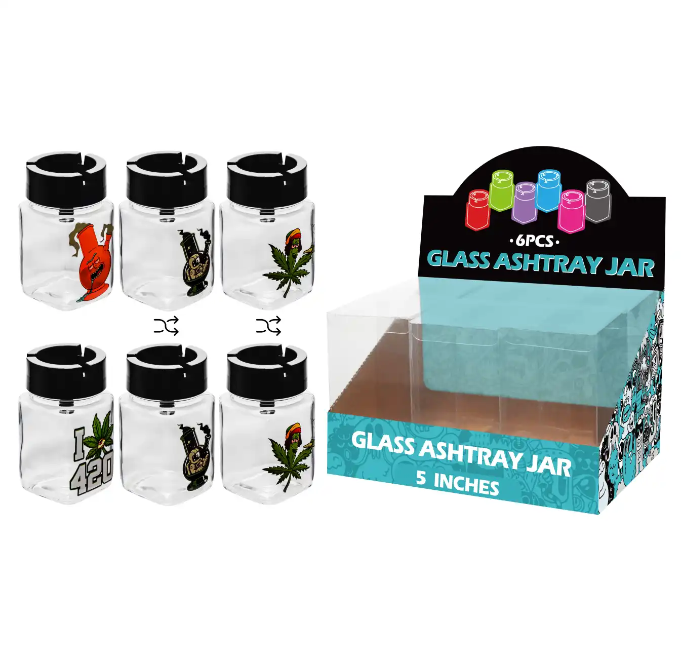 5inch glass jar ashtray-MA3019 Mixed Decal Glass Jar Ashtray 5inch-MA3019 - Image 1