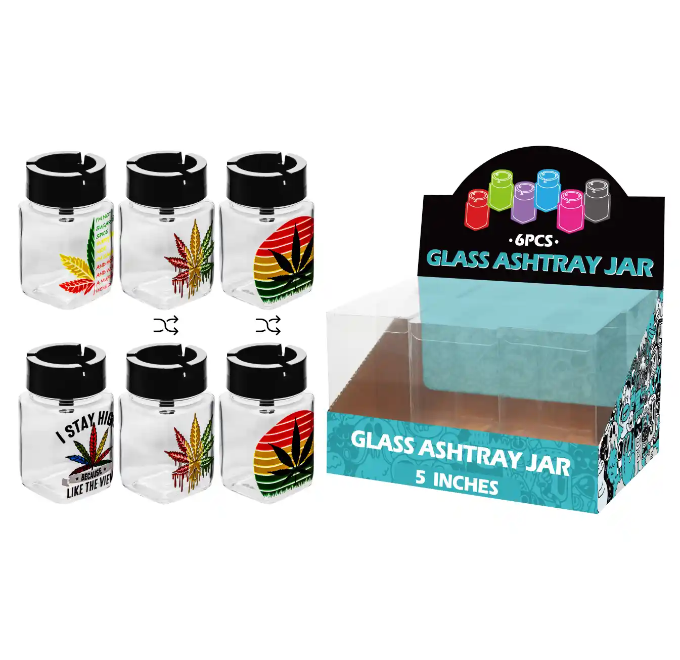 Mixed Weed Leaf Decal Glass Jar Ashtray 5inch-MA3020 - Image 1