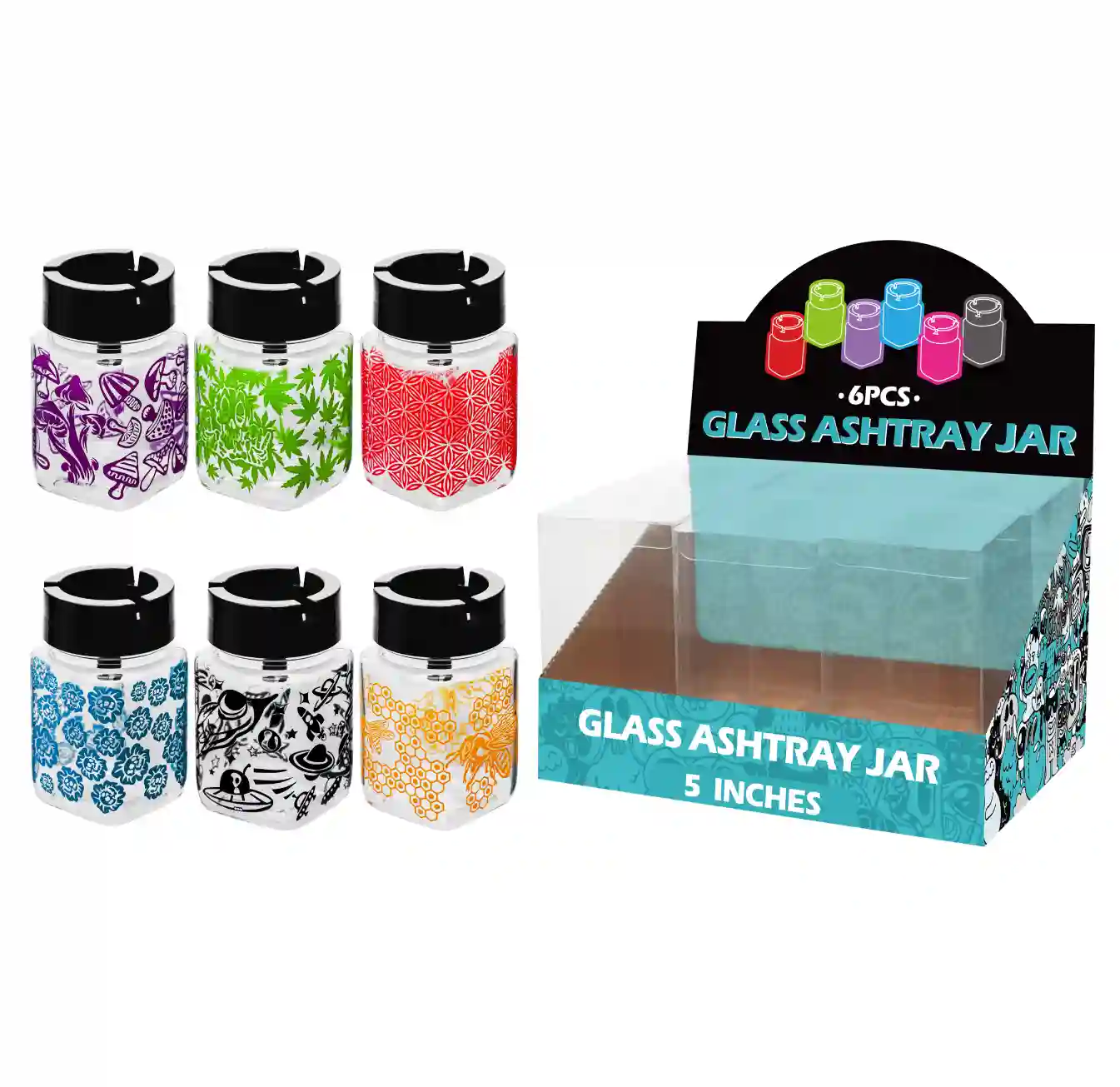 5inch glass jar ashtray-MA3101 Mixed Color Decal Glass Jar Ashtray 5inch-MA3101 - Image 1