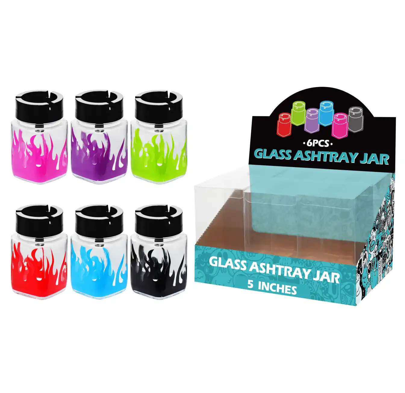 Mixed Color Flame Decal Glass Jar Ashtray 5inch-MA3102 - Image 1