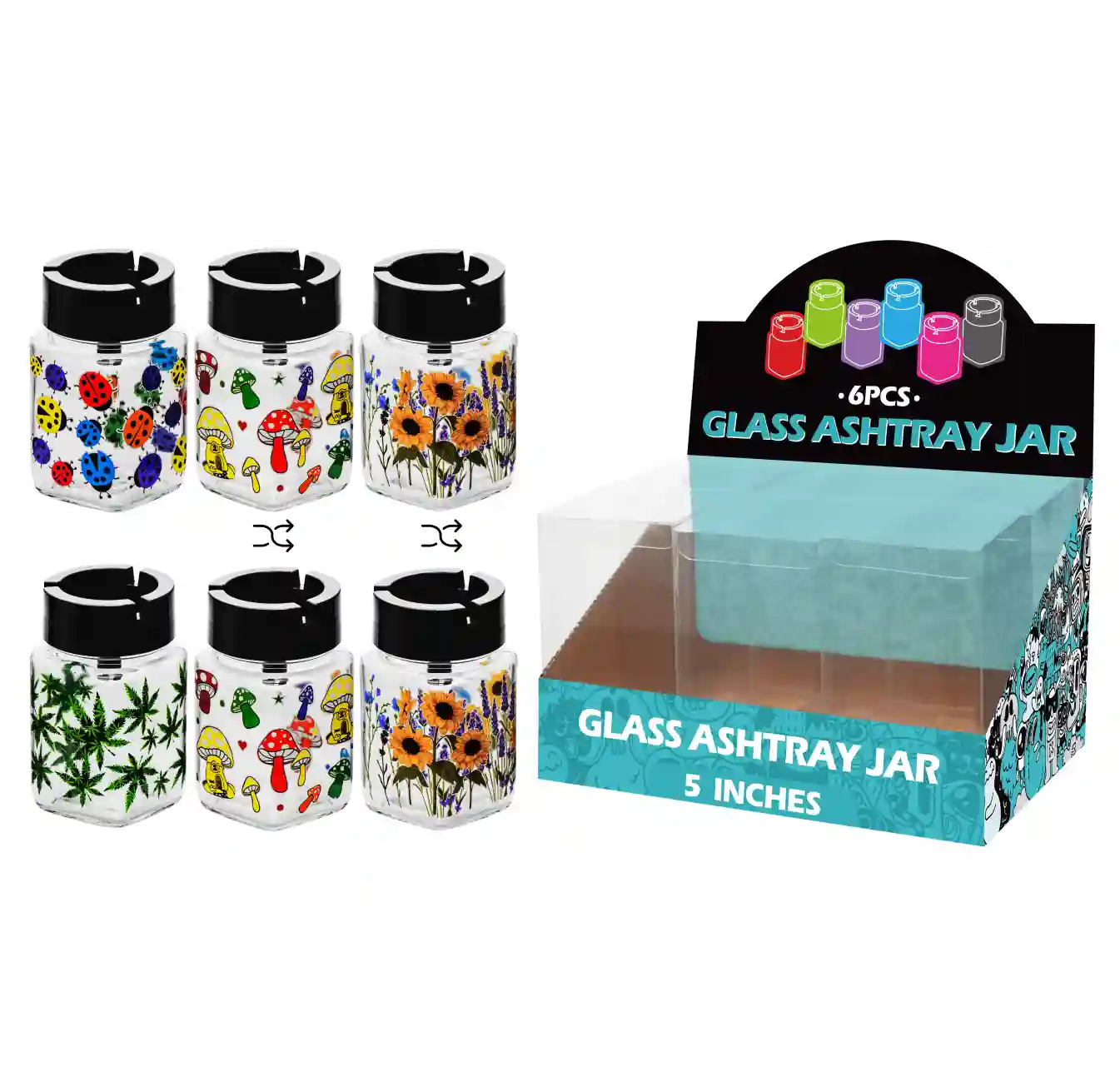 5inch glass jar ashtray-MA3103 Mixed Decal Glass Jar Ashtray 5inch-MA3103 - Image 1