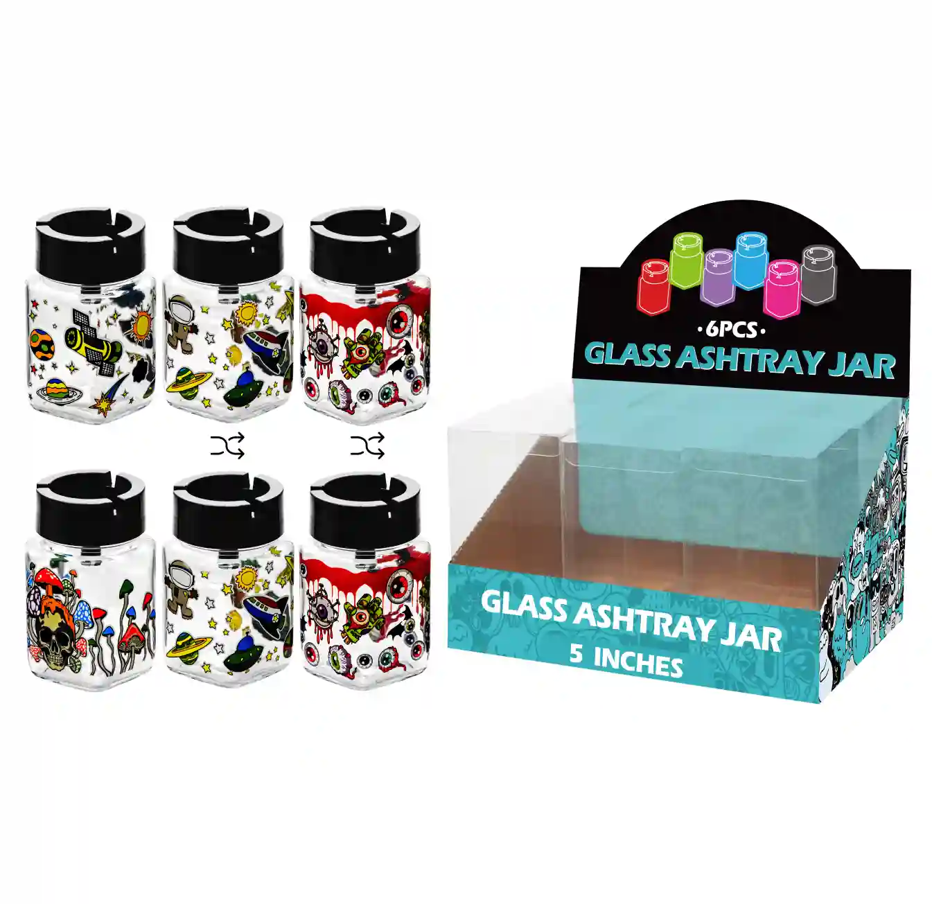 5inch glass jar ashtray-MA3104 Mixed Decal Glass Jar Ashtray 5inch-MA3104 - Image 1