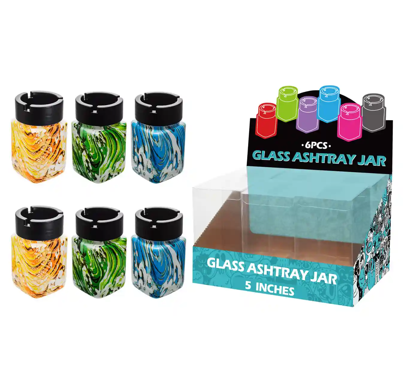 Mixed Color Water Transfer Printing Glass Jar Ashtray 5inch-MA5401 - Image 1