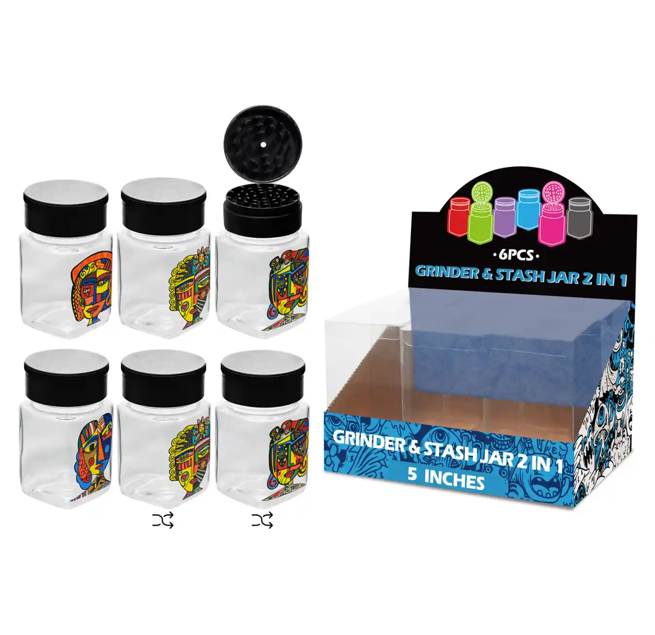 5inch grinder&stash jar 2in1-MG3012 Abstract Face Mixed Decal Glass Grinder&stash Jar 5inch-MG3012W/C - Image 1