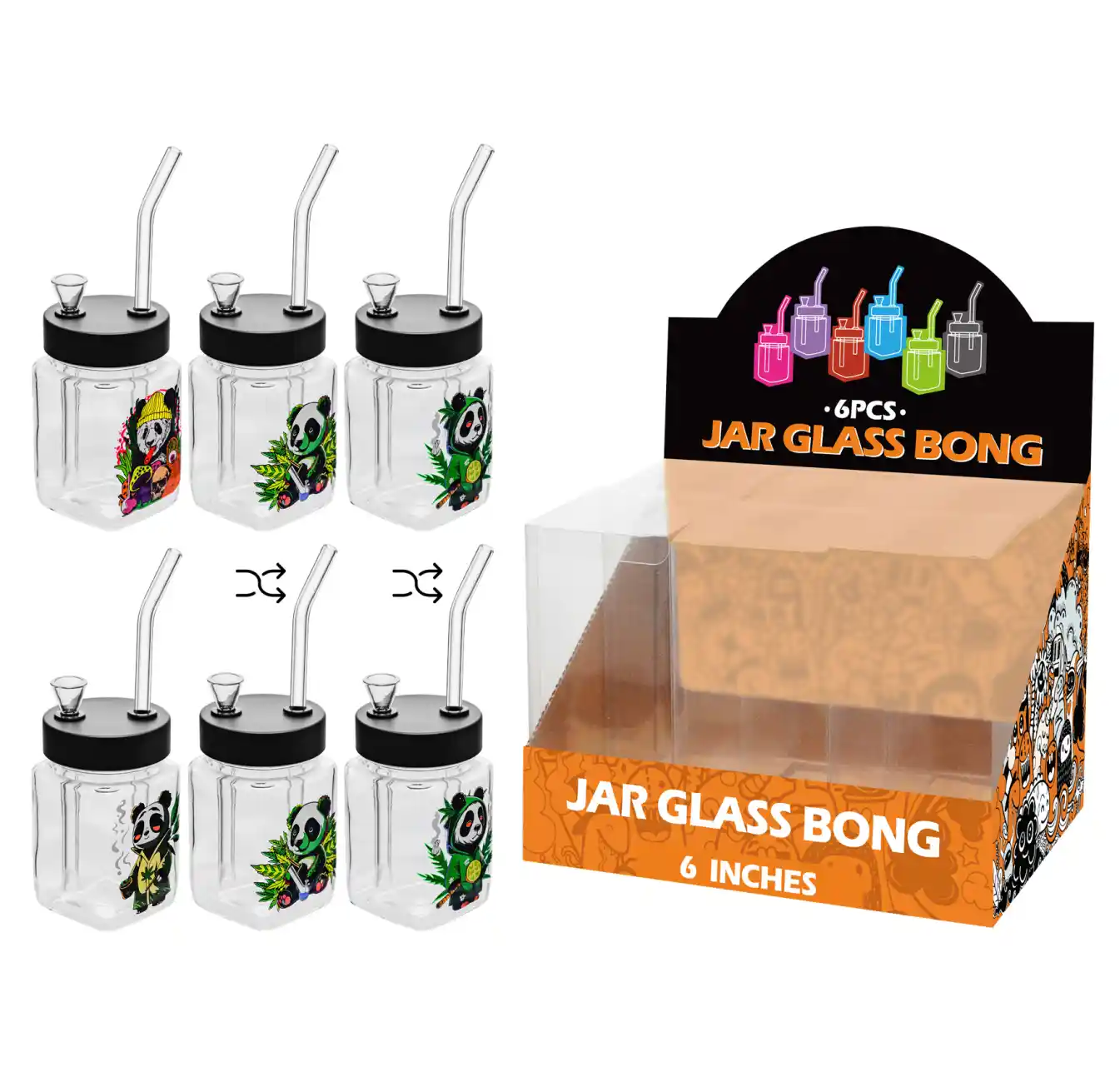 Panda Decal Glass Square Waterpipe 8inch-MS3004F - Image 1