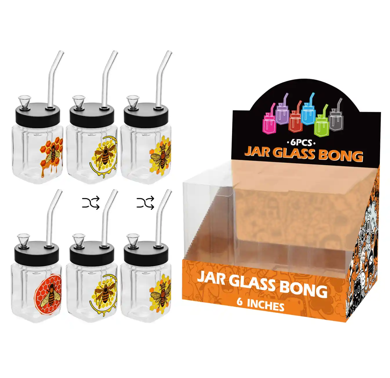 8inch square 6in1 waterpipe-MS3005F Bee Decal Glass Square Waterpipe 8inch-MS3005F - Image 1