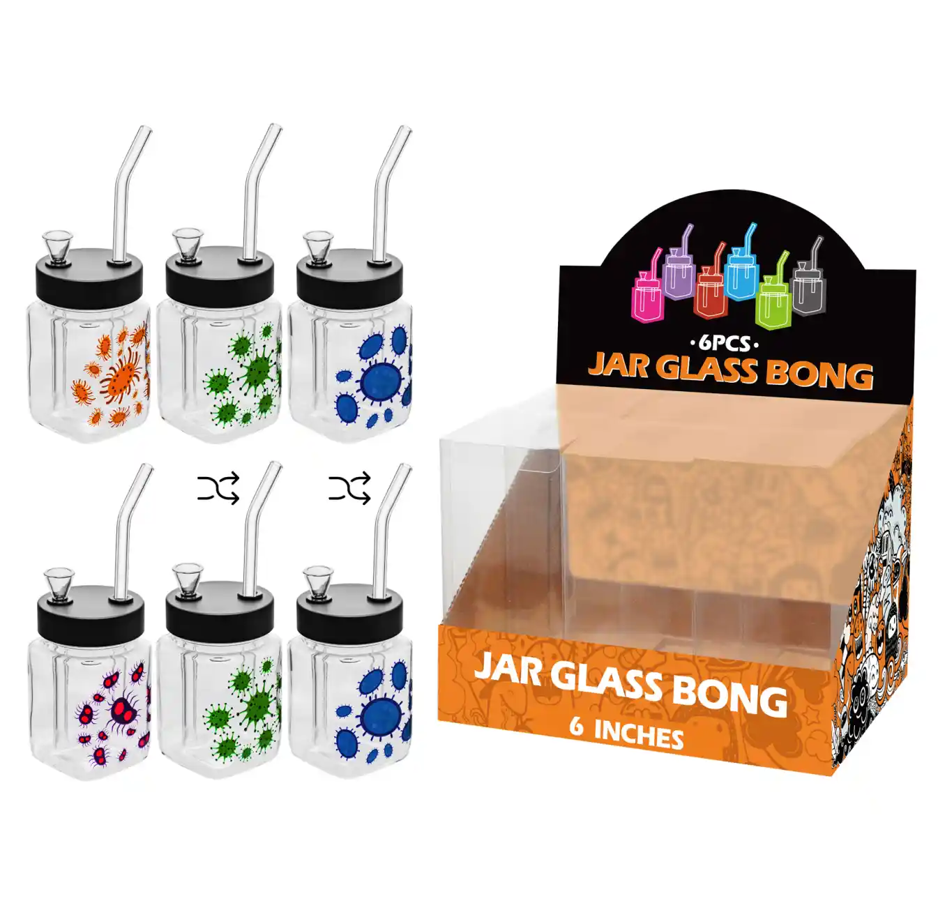 8inch square 6in1 waterpipe-MS3007F Virus Decal Glass Square Waterpipe 8inch-MS3007F - Image 1