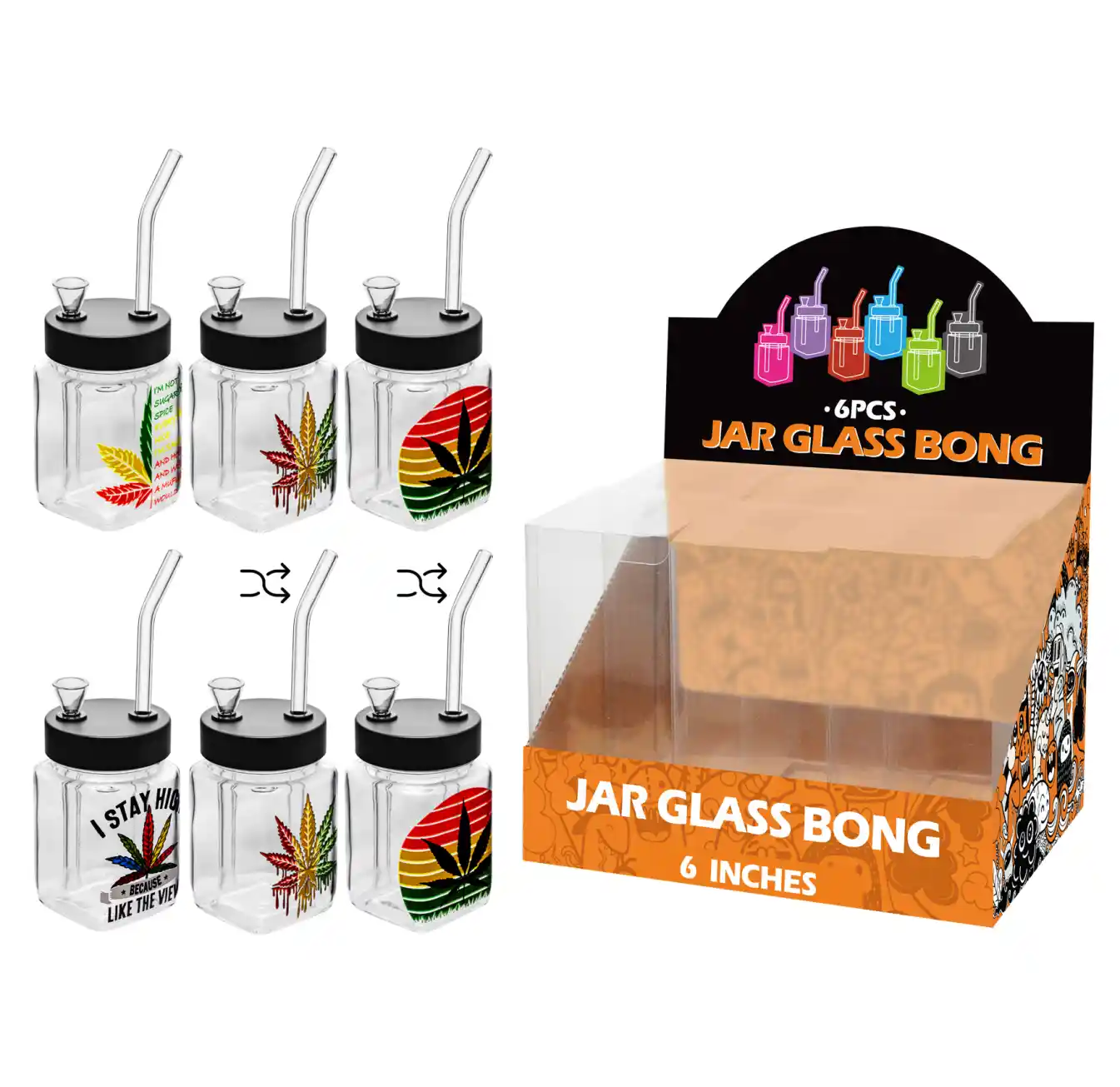 8inch square 6in1 waterpipe-MS3020F Weed Leaf Decal Glass Square Waterpipe 8inch-MS3020F - Image 1