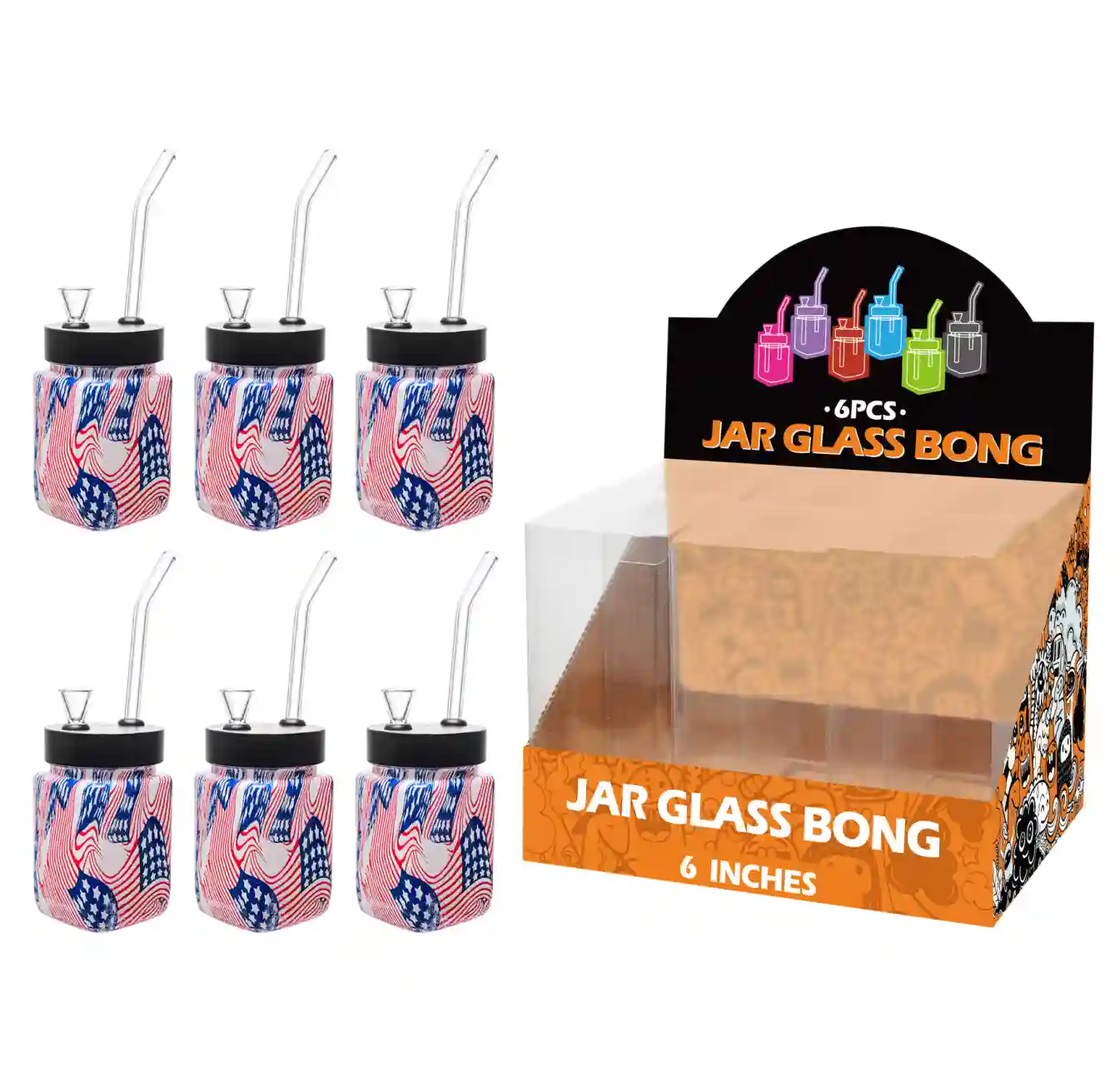 8inch square 6in1 waterpipe-MS5001F American Flag Water Transfer Printing Glass Square Waterpipe 8inch-MS5001F - Image 1