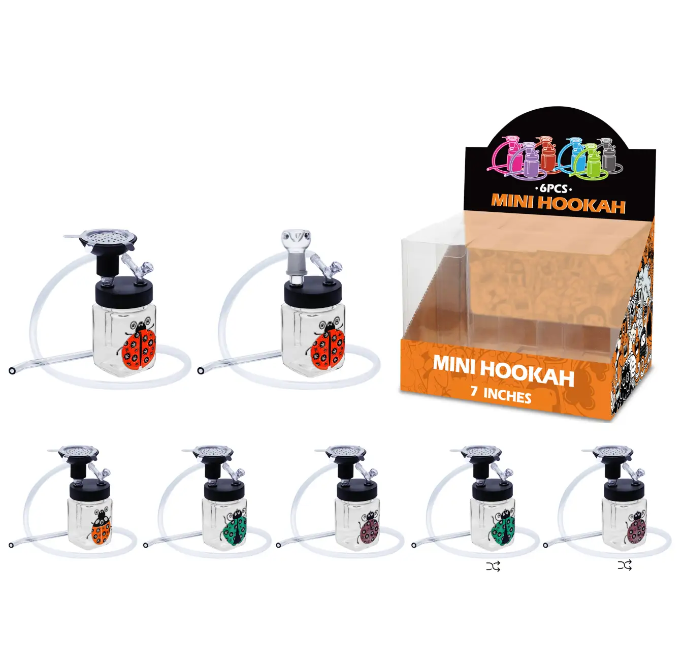 7inch hookah&waterpipe 2in1-MH30003 Mixed Ladybug Decal Hookah&Waterpipe 2in1 7inch-MH30003W/H/T - Image 1
